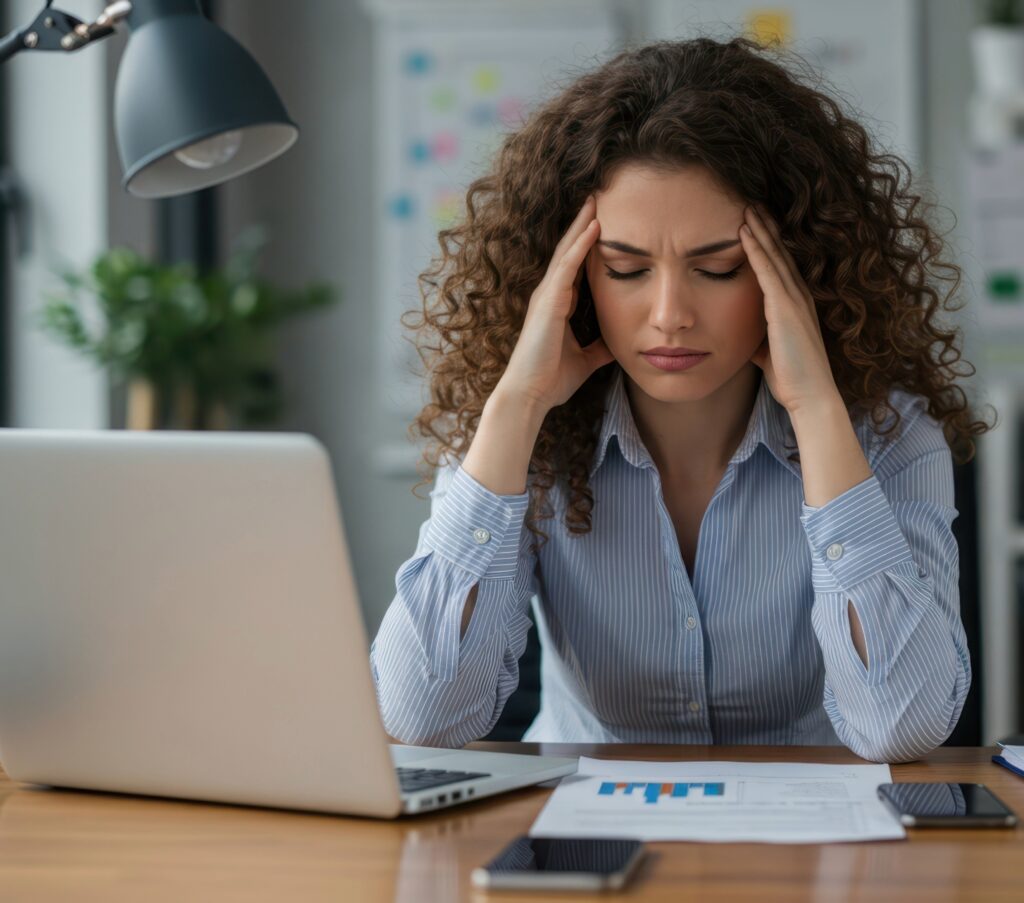 persona estresada en el trabajo de oficina frente a una computadora